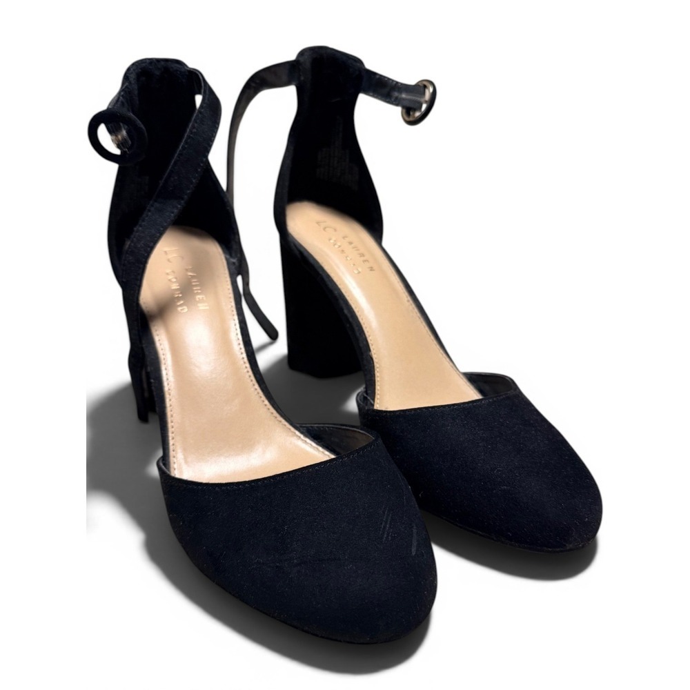 LC Lauren Conrad Black Faux Suede Block Heel Ankle Strap‎ Pumps Size 10M